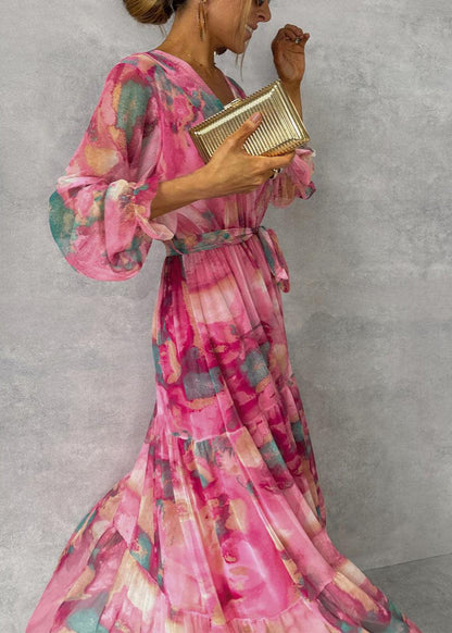Women's Wrap Maxi Dress – Floral, V-Neck, Short Sleeve
