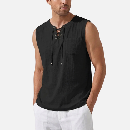 Camiseta sin mangas de lino para hombre | Chaleco de playa con cuello de pico y cordones