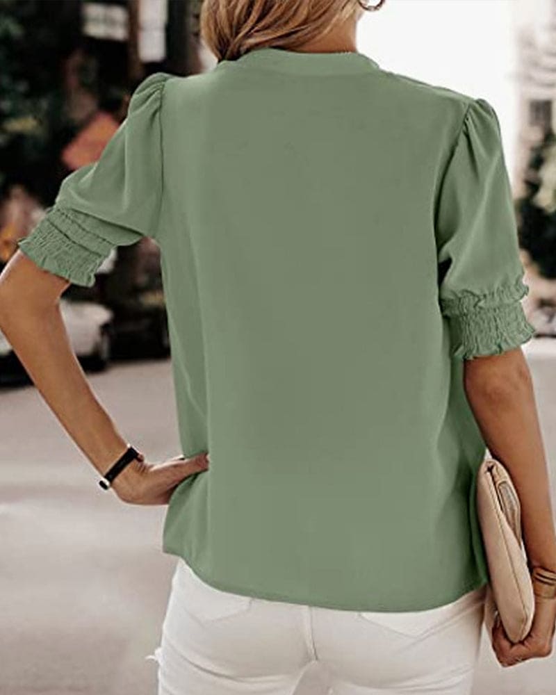 Women's Chiffon V-Neck Blouse with Smocked Short Sleeves