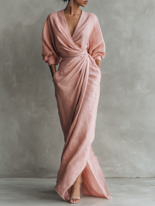 Women's Linen Maxi Dress – V-Neck, Relaxed Fit