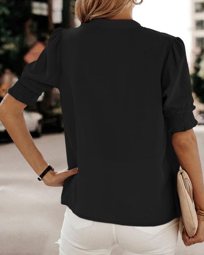 Women's Chiffon V-Neck Blouse with Smocked Short Sleeves