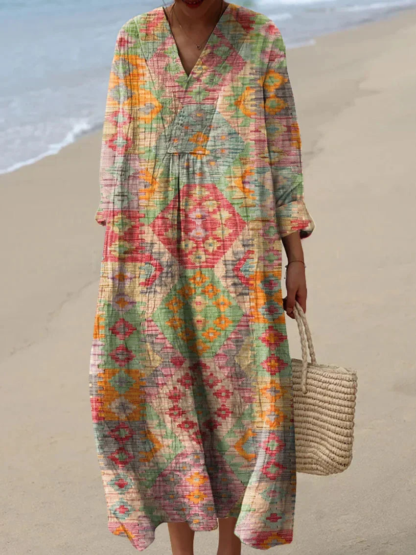 Women's Printed Deep V-Neck Maxi Dress with Long Sleeves