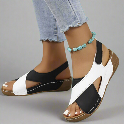 Women's Slingback Sandals – Low Wedge Sole, Contrast Stitching