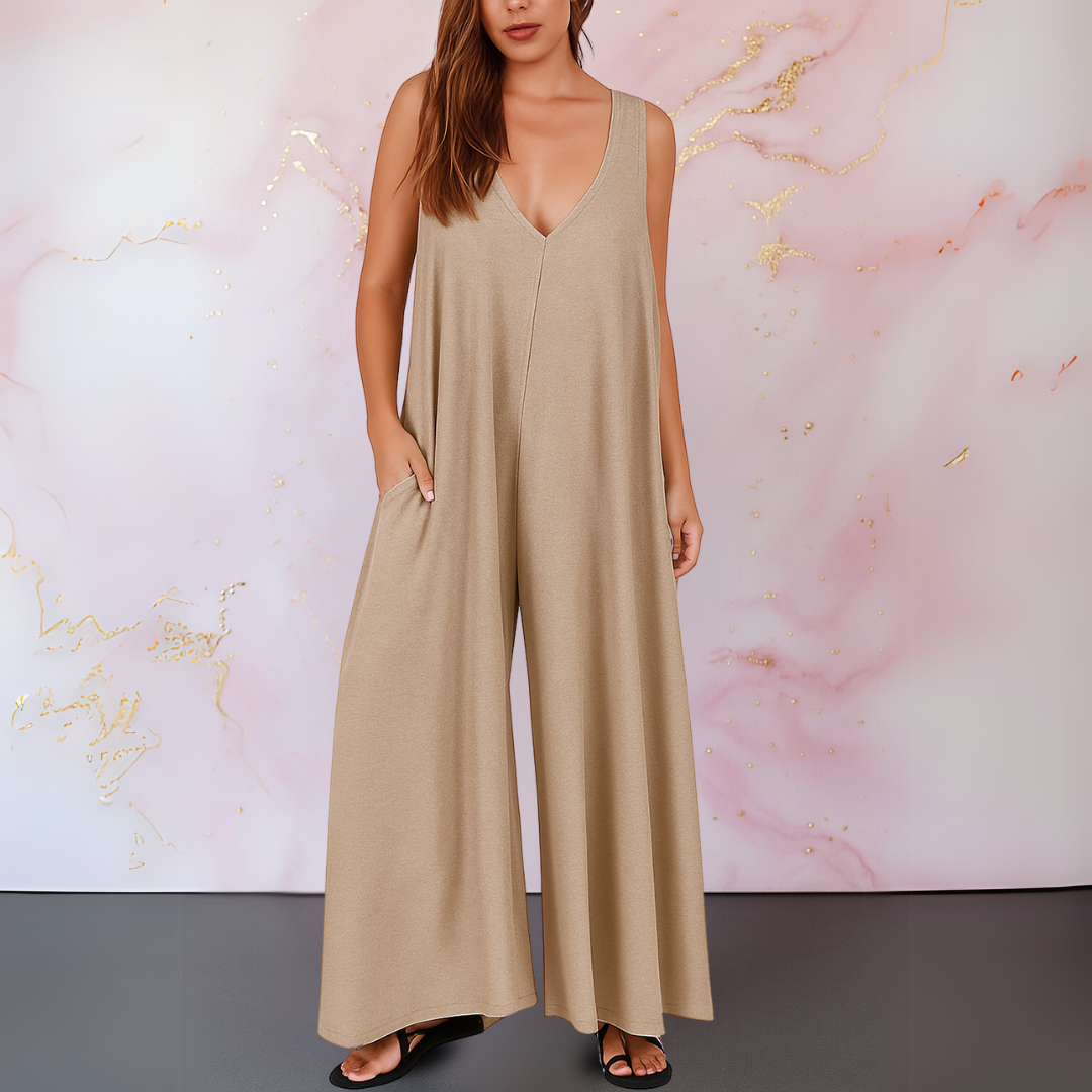 Women's Sleeveless Wide Leg Jumpsuit with V-Neckline