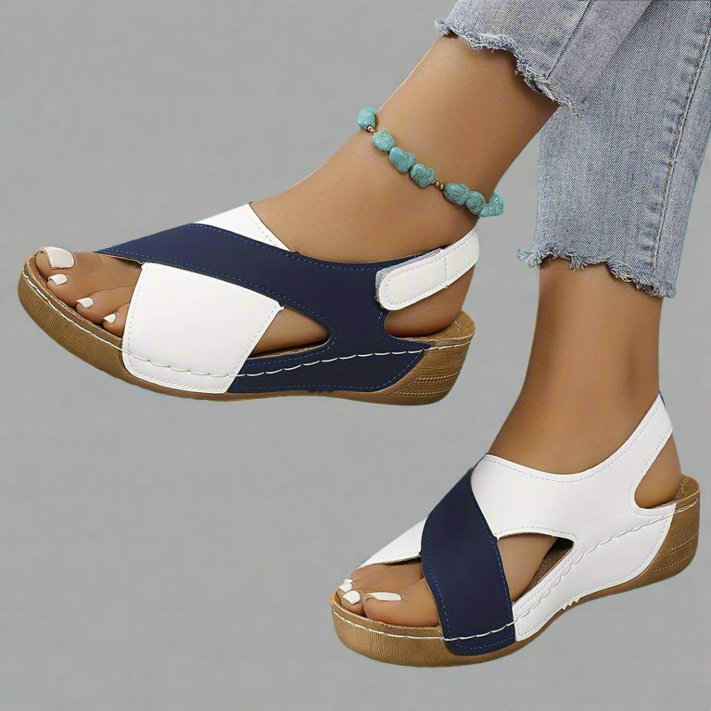 Women's Slingback Sandals – Low Wedge Sole, Contrast Stitching