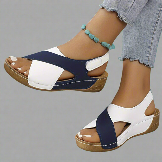Women's Slingback Sandals – Low Wedge Sole, Contrast Stitching