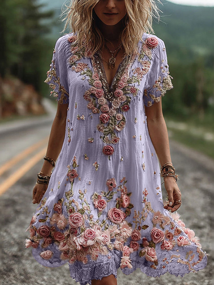 Women's Floral Embroidered V Neck Mini Dress