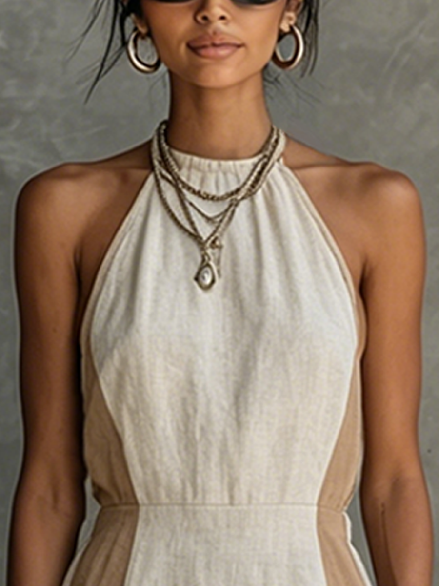 Women's Linen Mini Dress – Halter Neck, Cotton-Blend, Fitted Waist