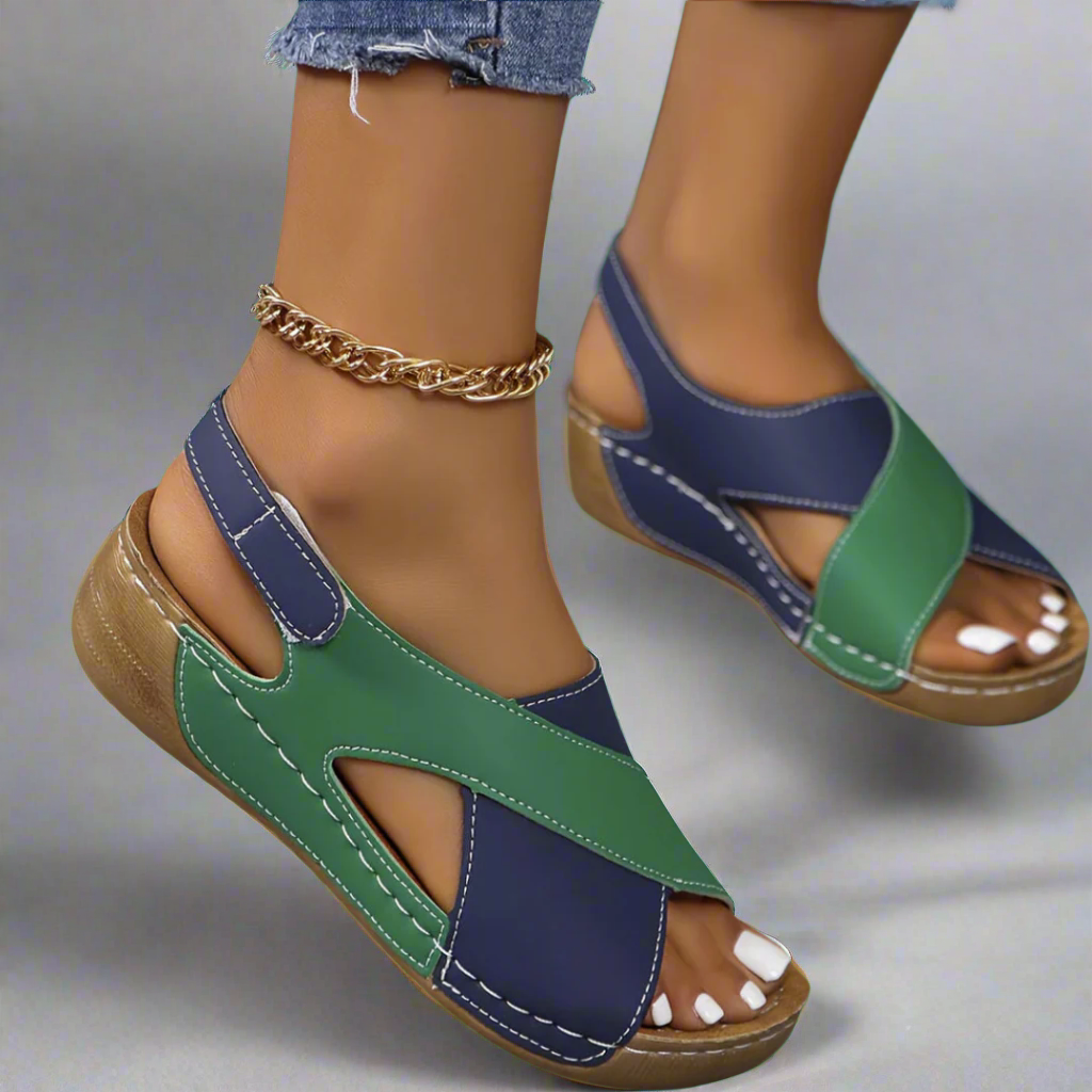 Women's Slingback Sandals – Low Wedge Sole, Contrast Stitching
