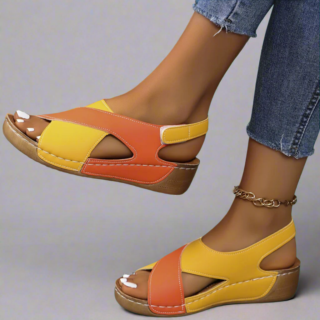 Women's Slingback Sandals – Low Wedge Sole, Contrast Stitching