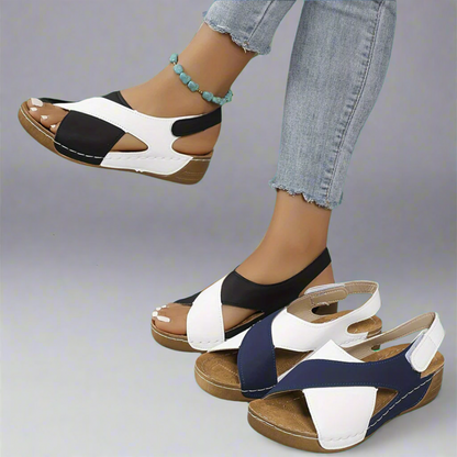 Women's Slingback Sandals – Low Wedge Sole, Contrast Stitching