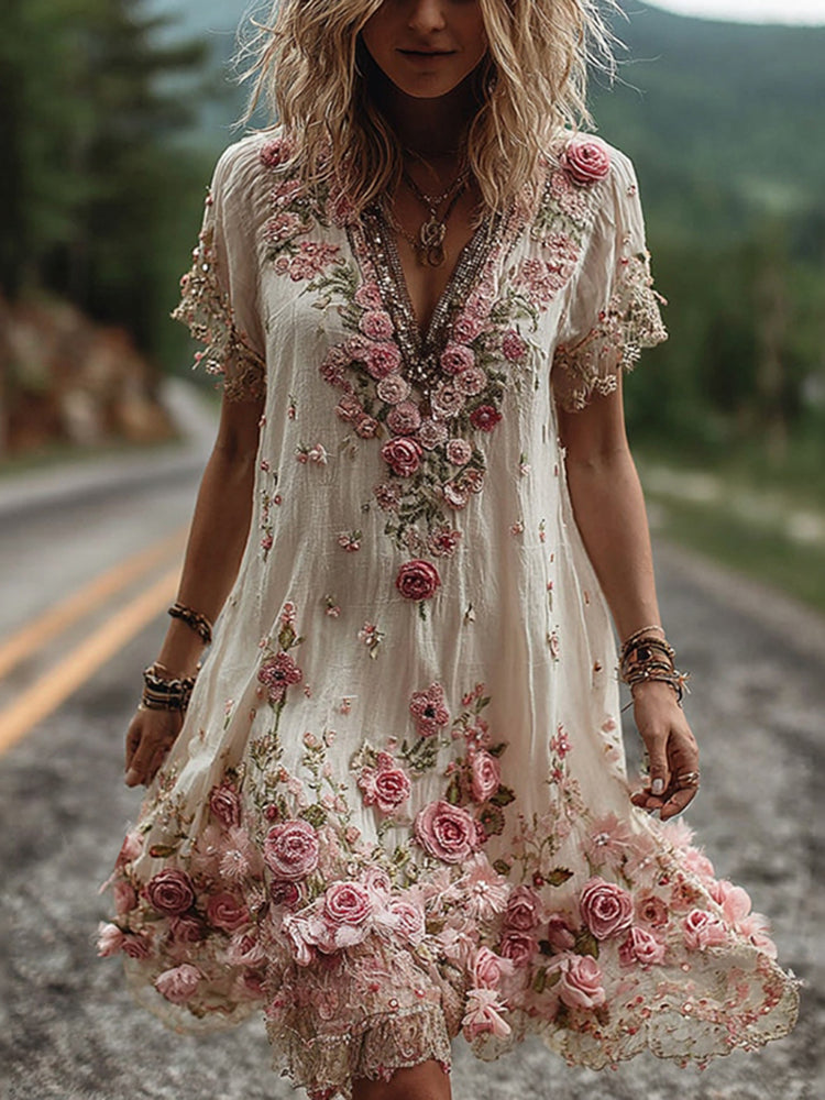 Women's Floral Embroidered V Neck Mini Dress
