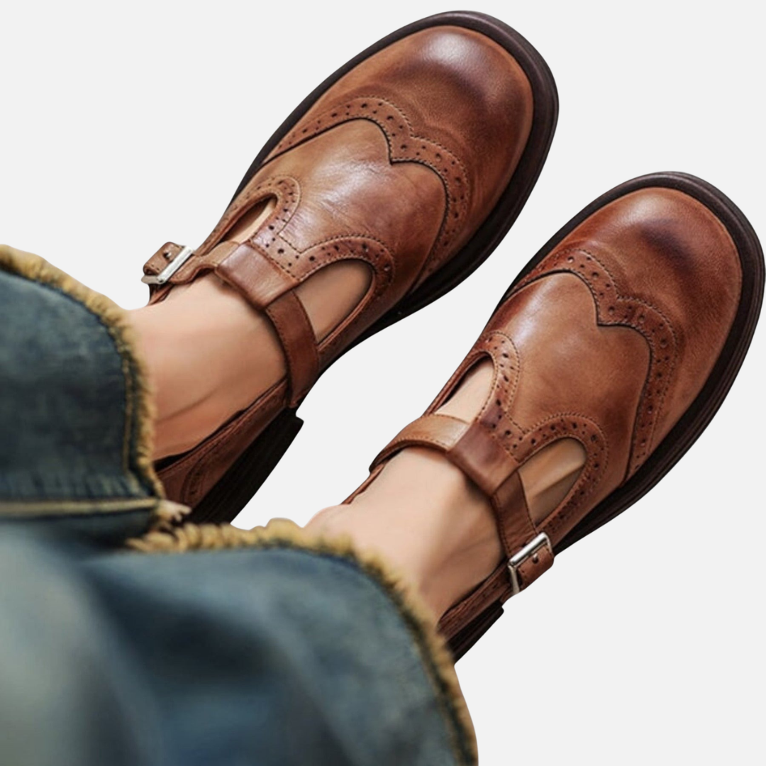 Zapatos planos Mary Jane de cuero con tira en T para mujer