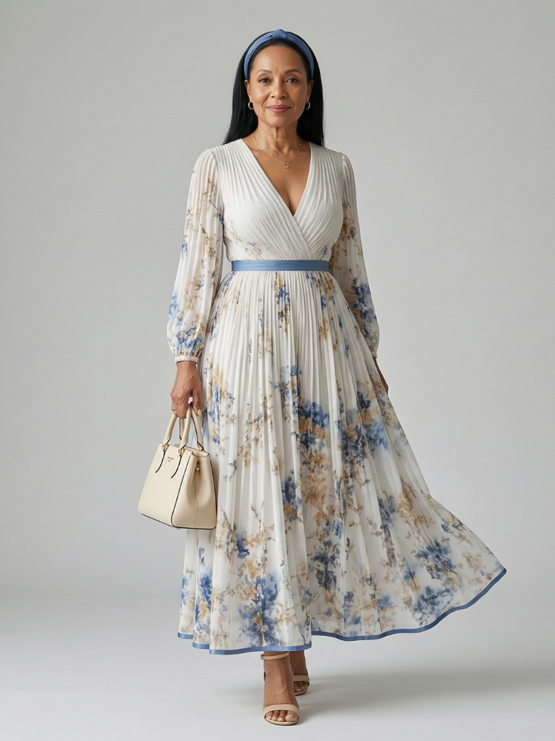 Women's Wrap Midi Dress – Floral Pleated, Long Sleeve, Chiffon