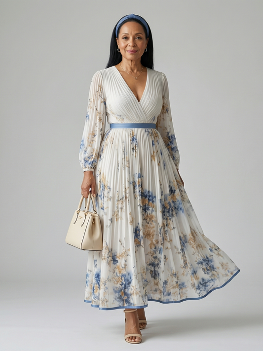 Women's Wrap Midi Dress – Floral Pleated, Long Sleeve, Chiffon