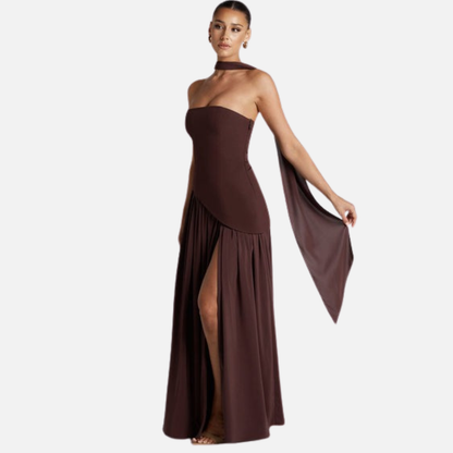 Maxivestido de chifón sin tirantes para mujer