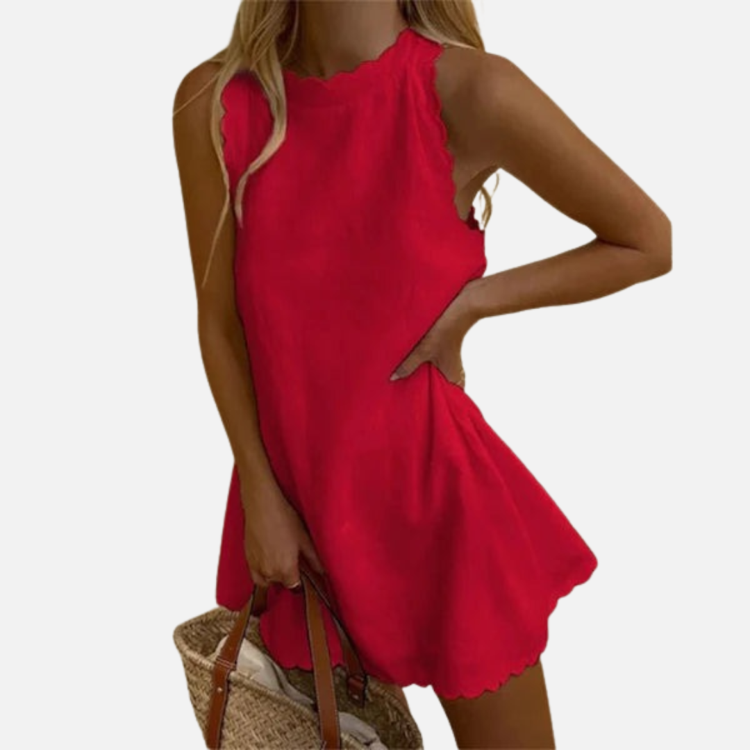Vestido corto de lino sin mangas para mujer | Con cuello halter y vaporoso para verano