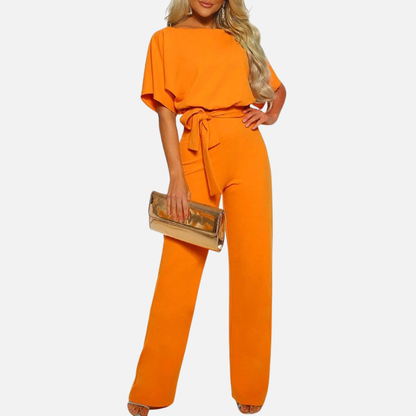 Mono elegante de pernera ancha para mujer | Mono palazzo formal de manga corta con cinturón