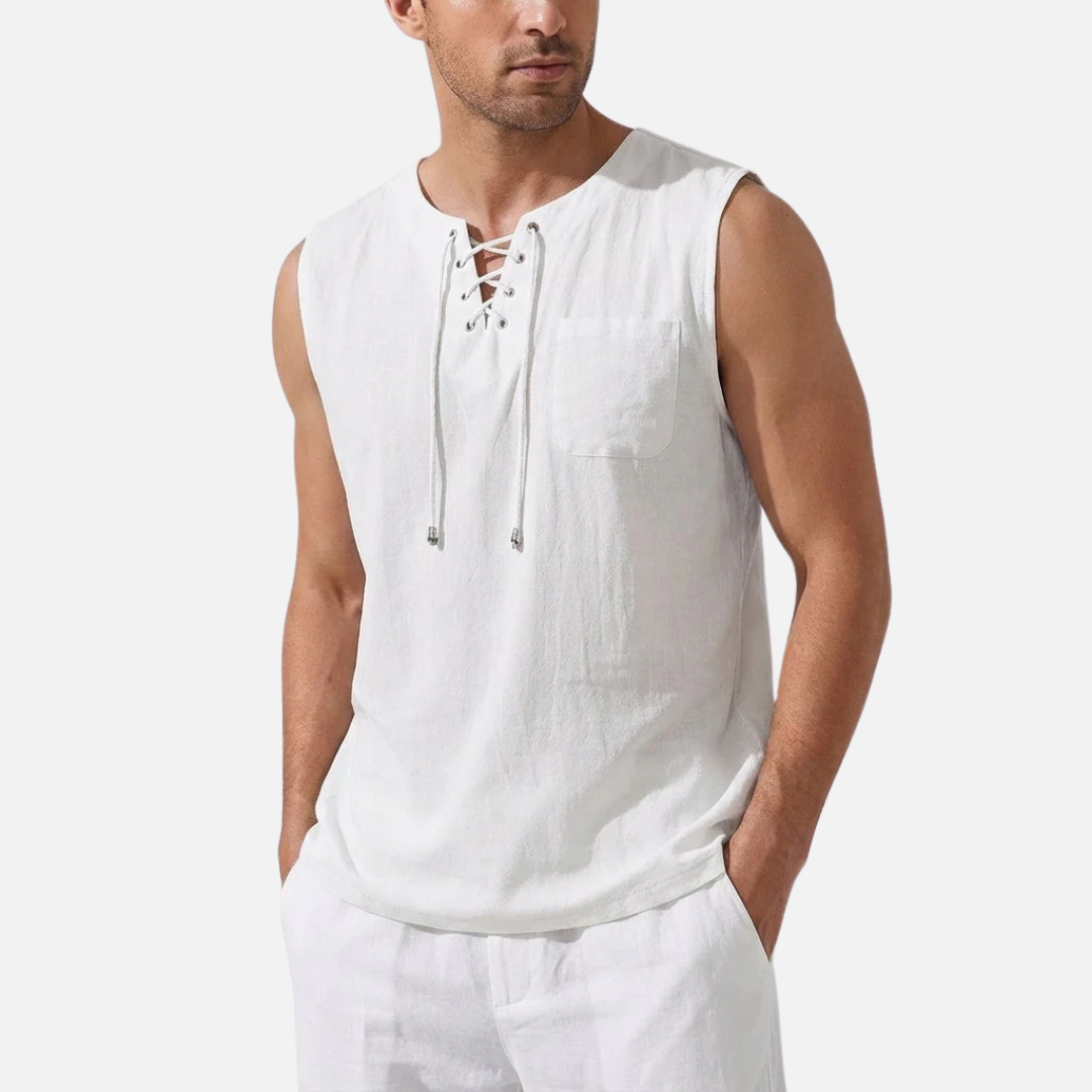 Camiseta sin mangas de lino para hombre | Chaleco de playa con cuello de pico y cordones