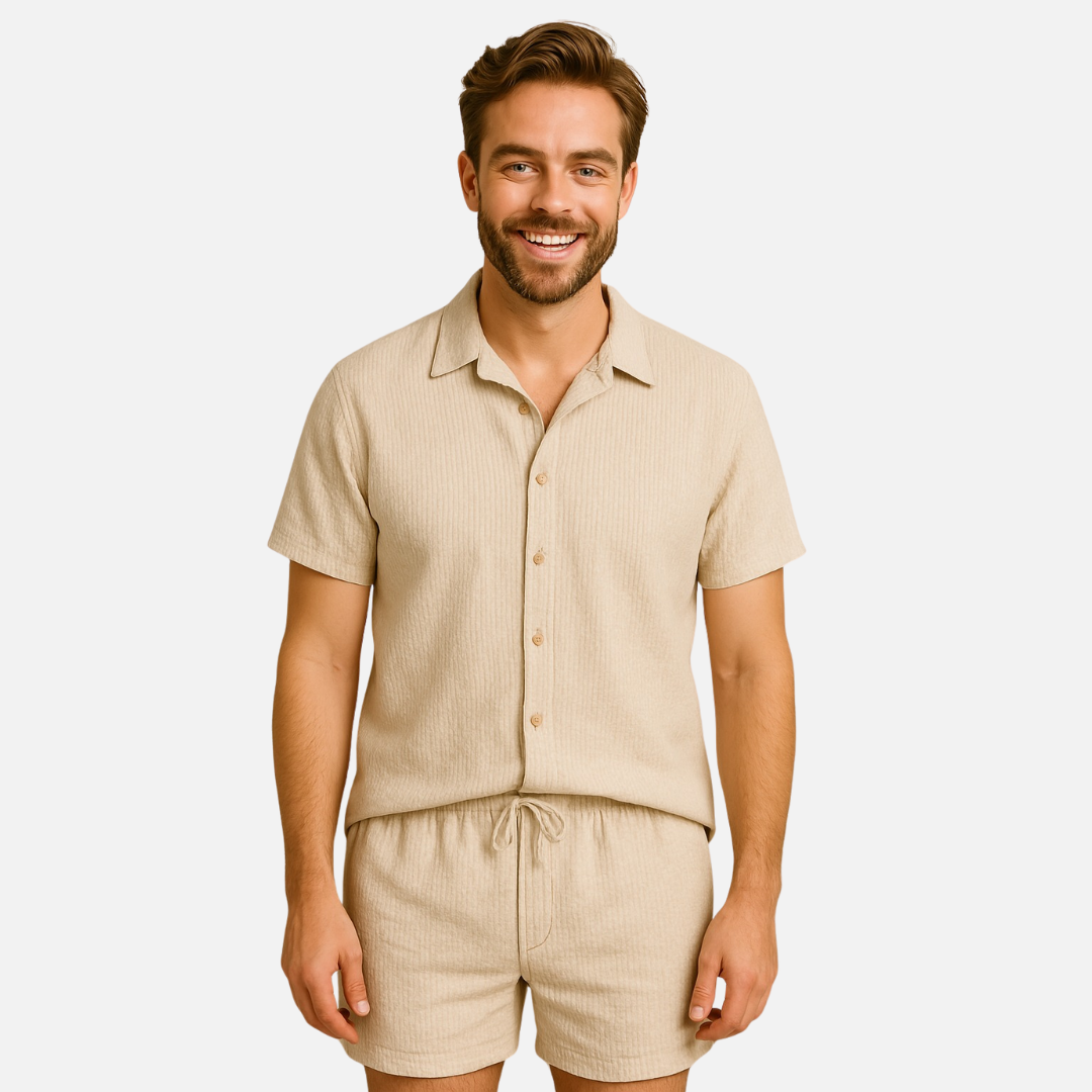Conjunto a juego de lino para hombre | Camisa de manga corta y pantalón corto para verano
