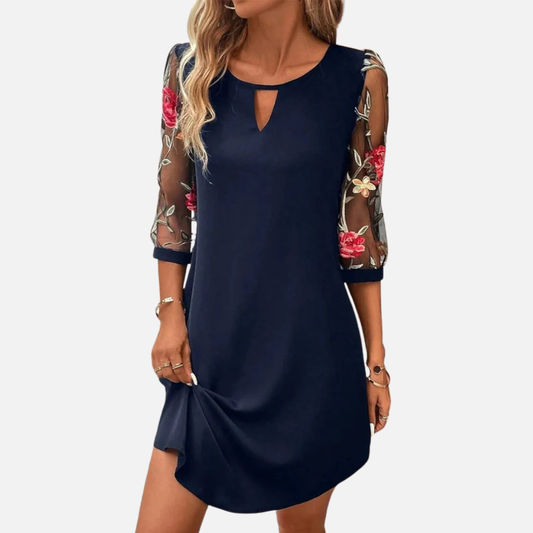 Isabelle | Floral Embroidered Mesh Sleeve Dress Keyhole