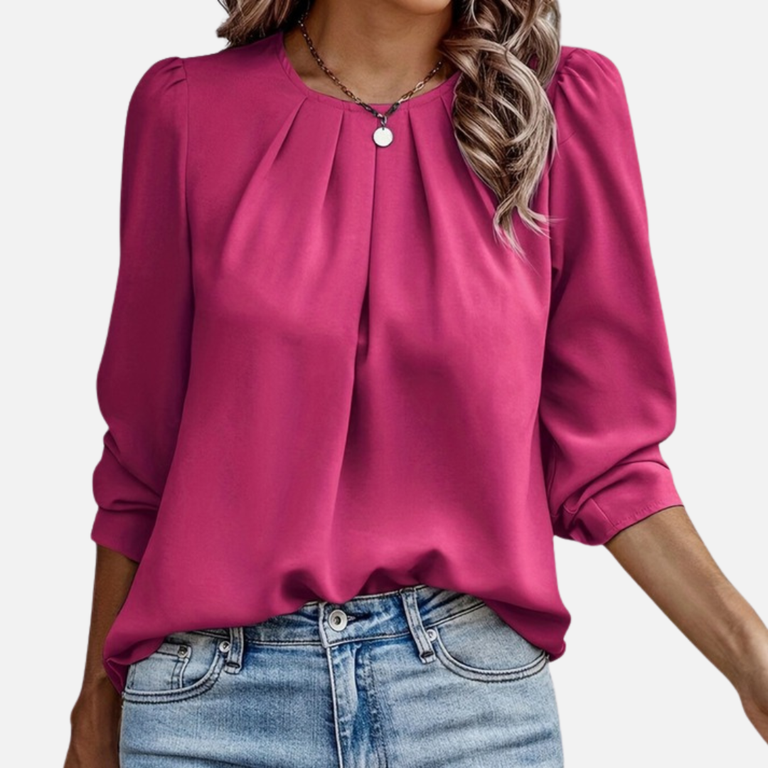Blusa Elegante de Gasa para Mujer | Manga Abullonada con Cuello Plisado