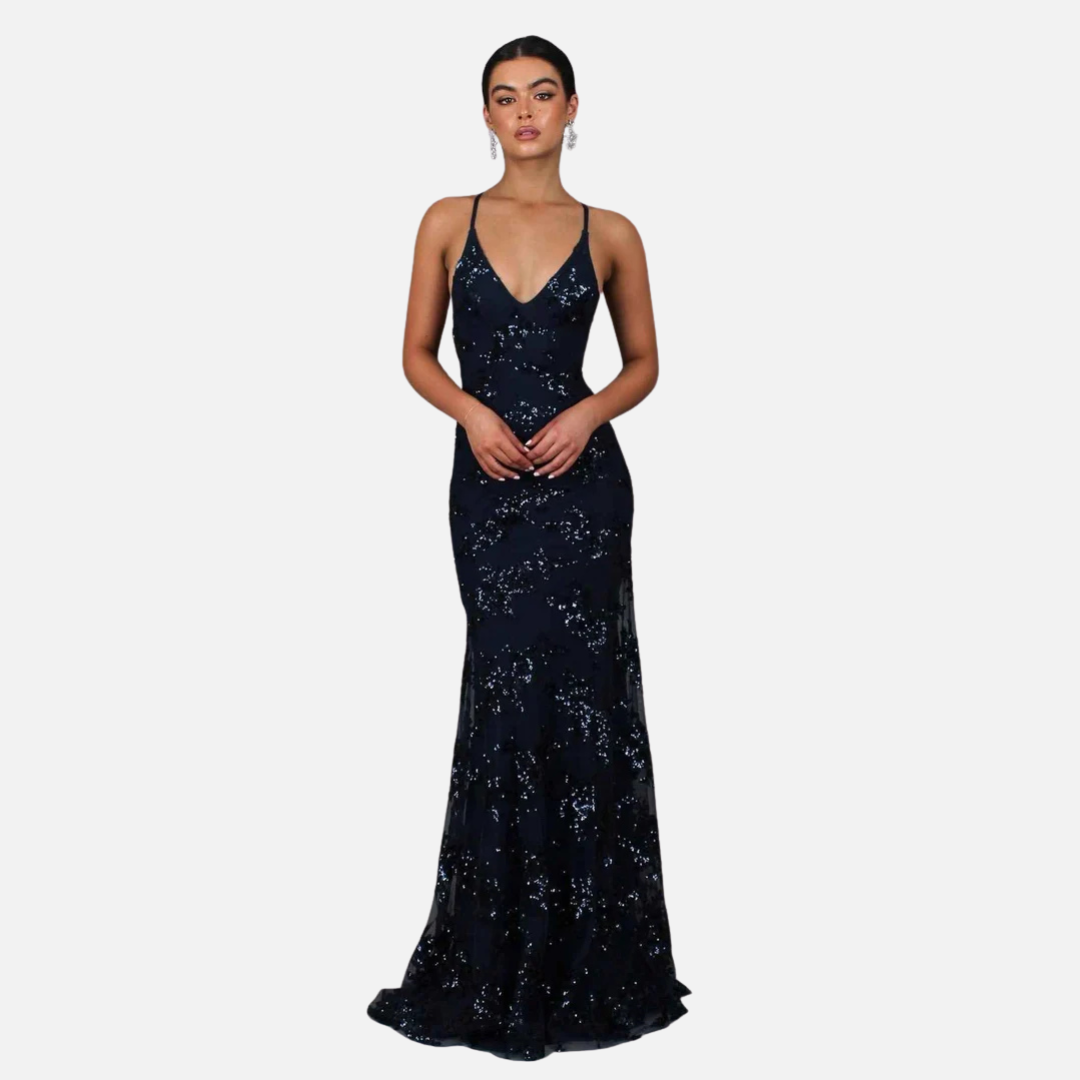 Vestido de noche formal de sirena con lentejuelas para mujer | Vestido de noche brillante con tirantes finos y cuello en V