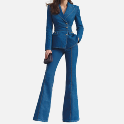 Conjunto de Traje de Blazer Clásico para Mujer | Chaqueta Ajustada con Solapa de Muesca y Pantalones Acampanados Formal