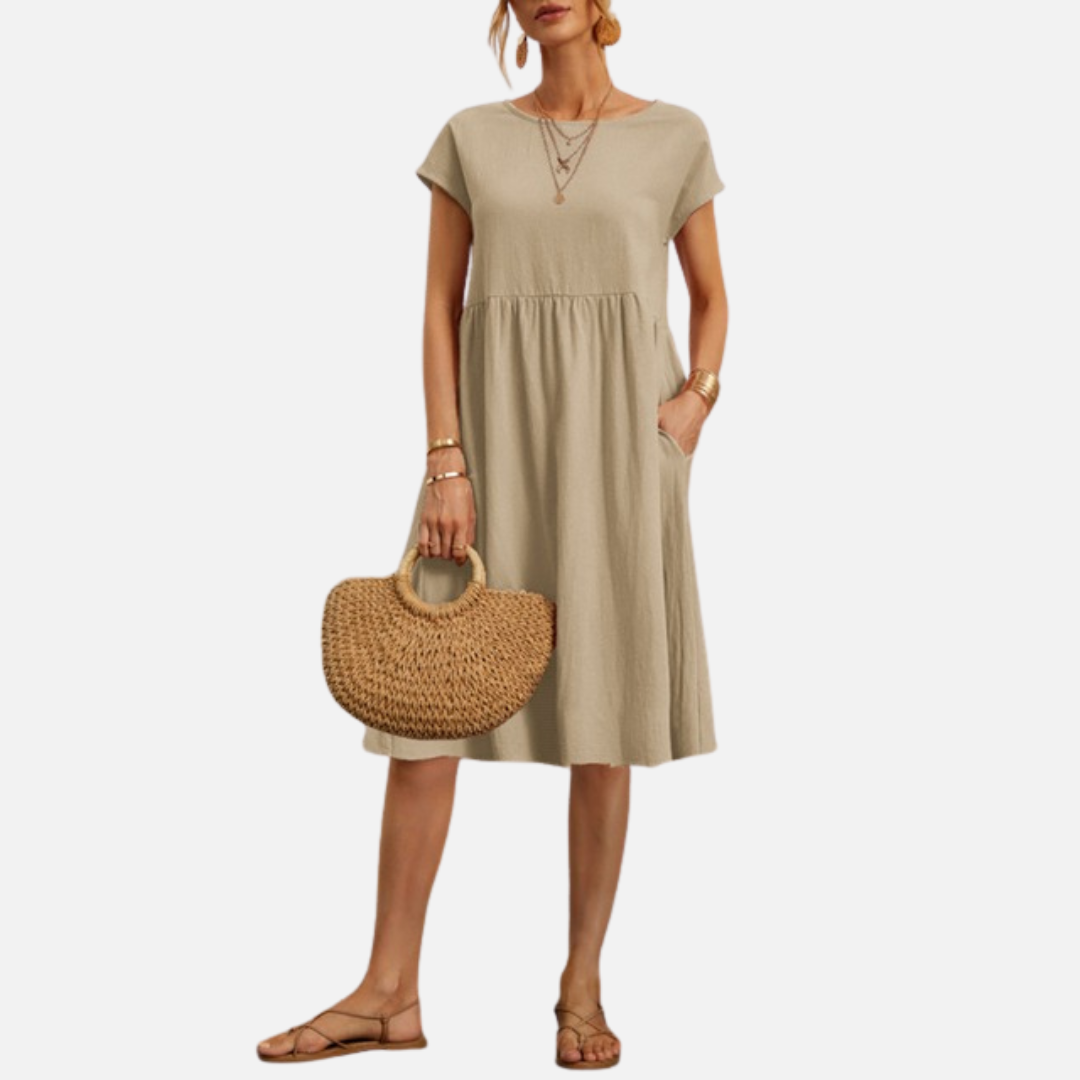 Vestido midi informal de lino para mujer | Vestido estilo smock de manga corta