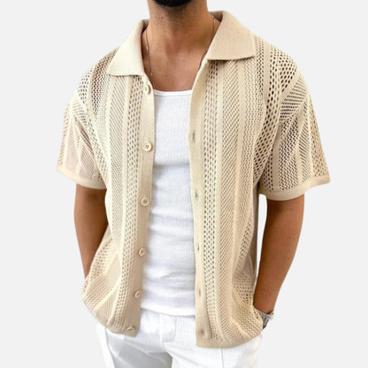Men's Open Knit Cuban Collar Shirt | Short Sleeve Crochet Button-Up Beach Shirt