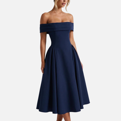 Vestido midi formal de mujer con hombros descubiertos | Plisado de corte A