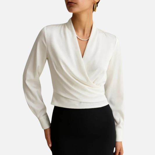 Women's Satin Wrap Blouse | Draped V-Neck Long Sleeve