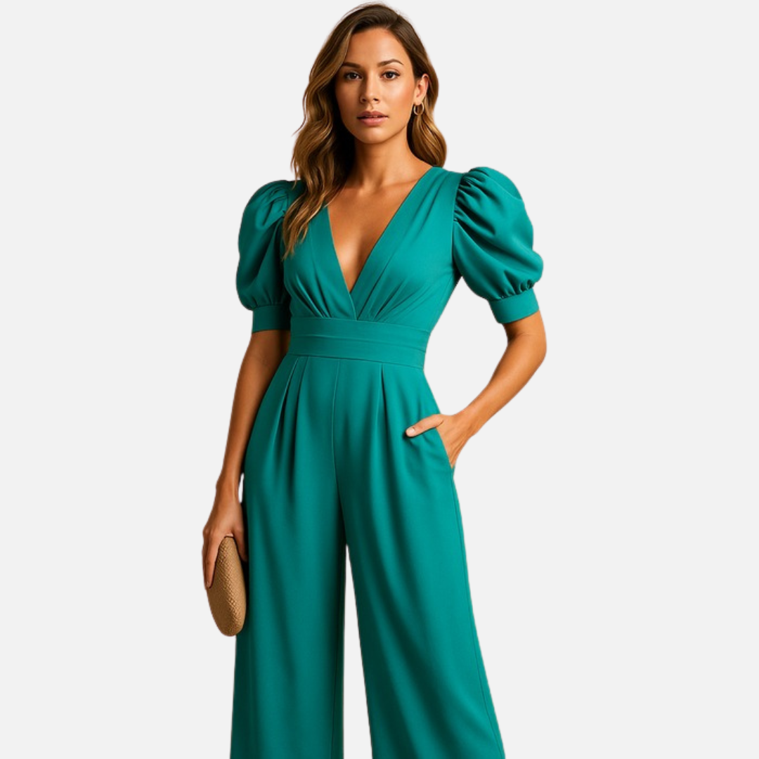 Mono de pierna ancha y manga abullonada para mujer - Ropa elegante para resort