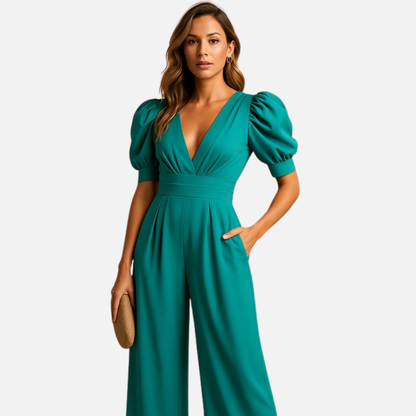 Mono de pierna ancha y manga abullonada para mujer - Ropa elegante para resort