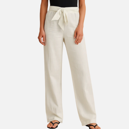 Pantalones de lino de mujer de cintura alta y pierna ancha | Pantalones Palazzo con lazo en la cintura