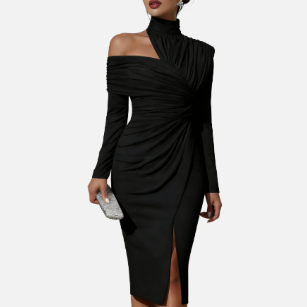 Vestido midi fruncido de cuello alto para mujer