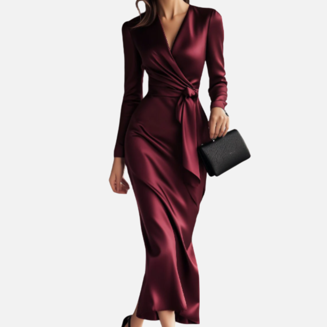 Vestido maxi cruzado de satén formal para mujer | Manga larga