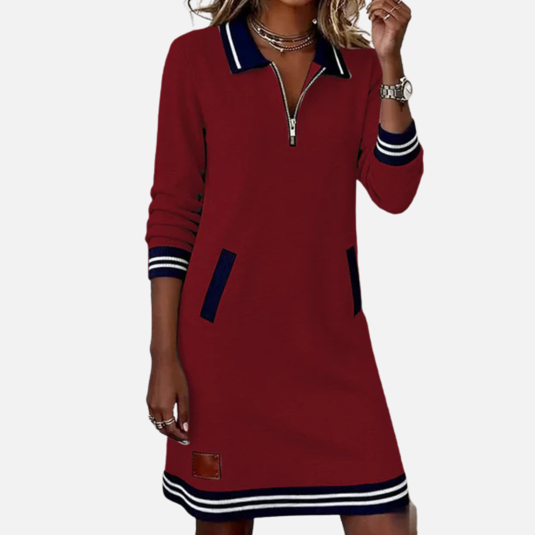 Danielle | Vestido tipo suéter con cuello de cremallera y manga larga con franjas deportivas