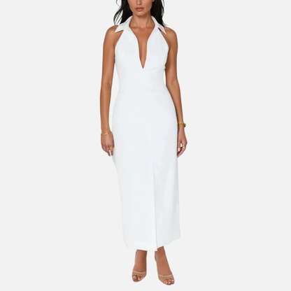 Vestido largo formal blanco con cuello halter para mujer | Espalda descubierta con escote en V pronunciado y entallado
