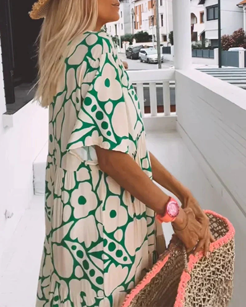 Women's Printed Maxi Dress with V-Neck and Short Sleeves