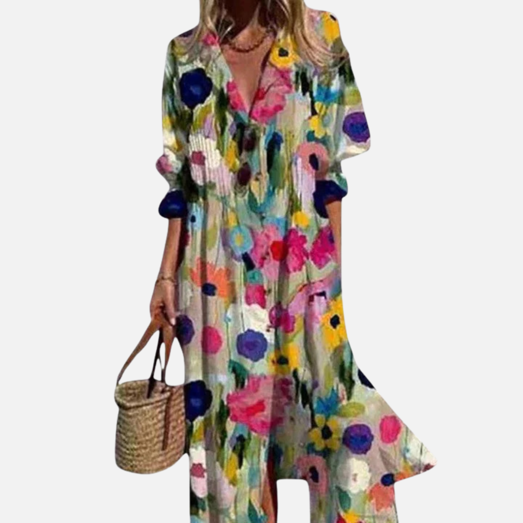 Vestido midi abstracto con cuello en V para mujer