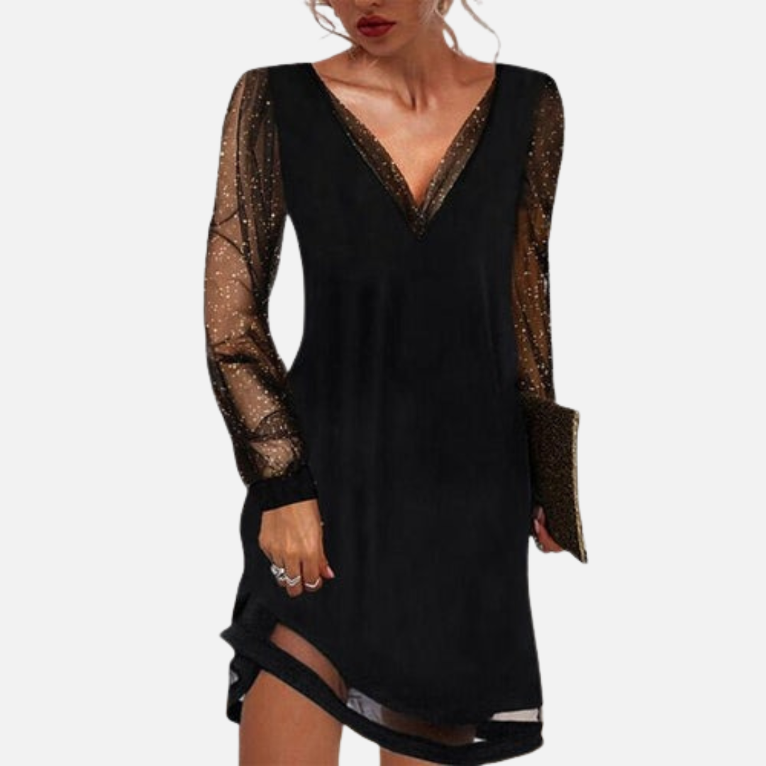 Vestido cruzado formal negro para mujer | Cuello V de encaje
