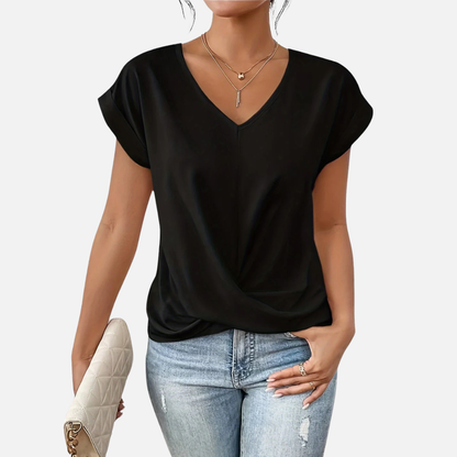 Camiseta de manga corta para mujer con cuello de pico y nudo delantero