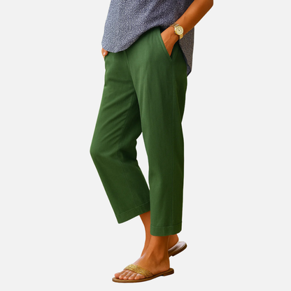 Pantalones casuales de lino para mujer - Pantalones capri cónicos de ajuste relajado