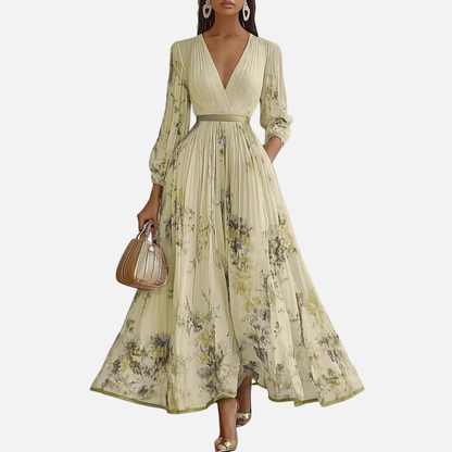Women's Floral Chiffon Pleated Maxi Dress | V-Neck Puff Sleeve Wedding Guest Dress
