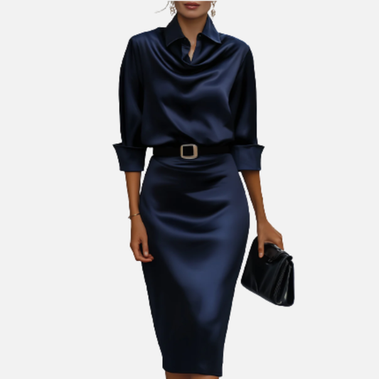 Women's Satin Belted Midi Dress | Cowl Neck Long Sleeve Pencil Dress