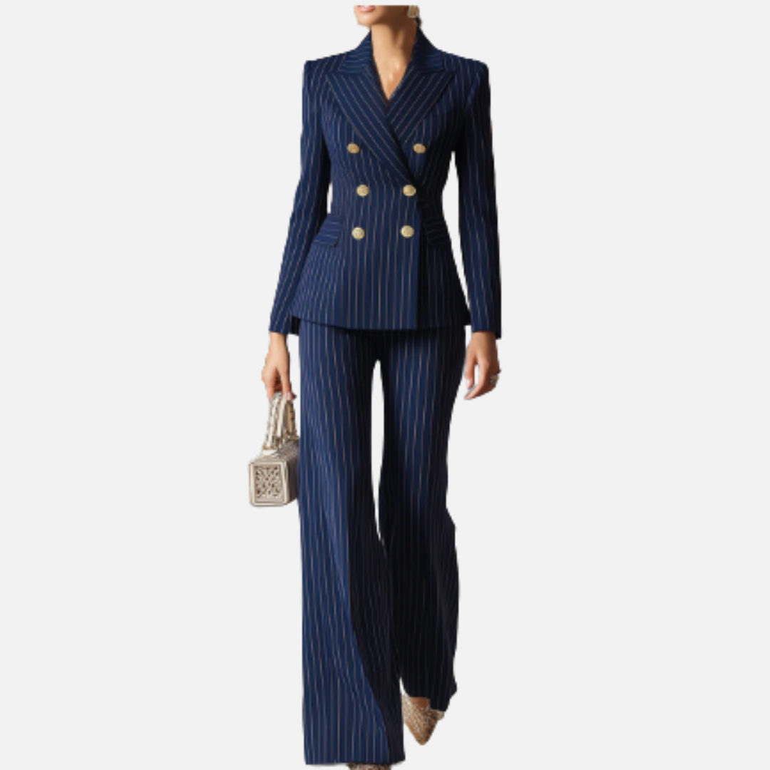 Traje de raya diplomática de doble botonadura para mujer | Americana con solapa de pico y pantalón de pierna ancha