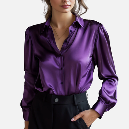 Blusa Elegante de Satén para Mujer | Seda con Botones de Manga Larga