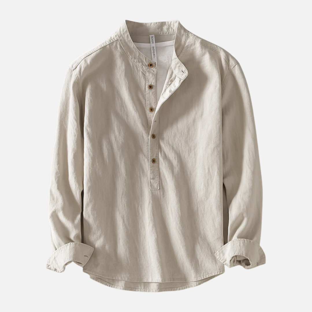 Camisa Henley de lino transpirable de manga larga para hombre