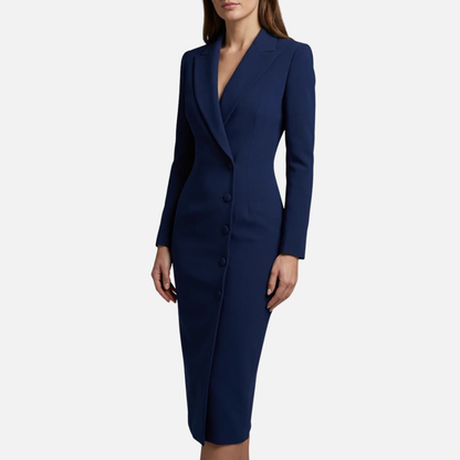 Women's Tailored Blazer Midi Dress | Single Button V-Neck Long Sleeve Work Dress